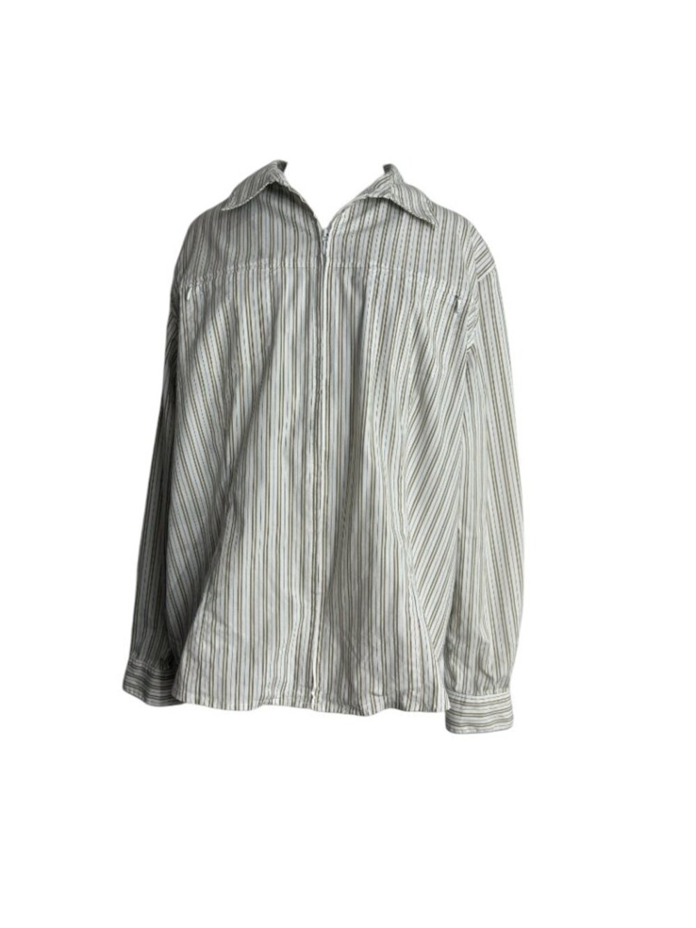 Chicos Size Medium Zip Front Blouse Shirt Top Gray Yellow Stripe Long Sleeve